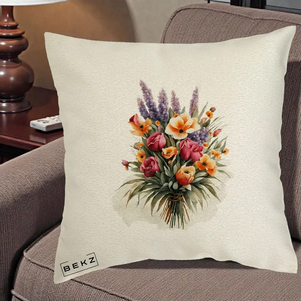 Perna Decorativa Buchet Mixt Acuarela Lavanda-Trandafiri, 40x40 cm, Ecru, Husa Detasabila, Perna Inclusa, BEKZ®