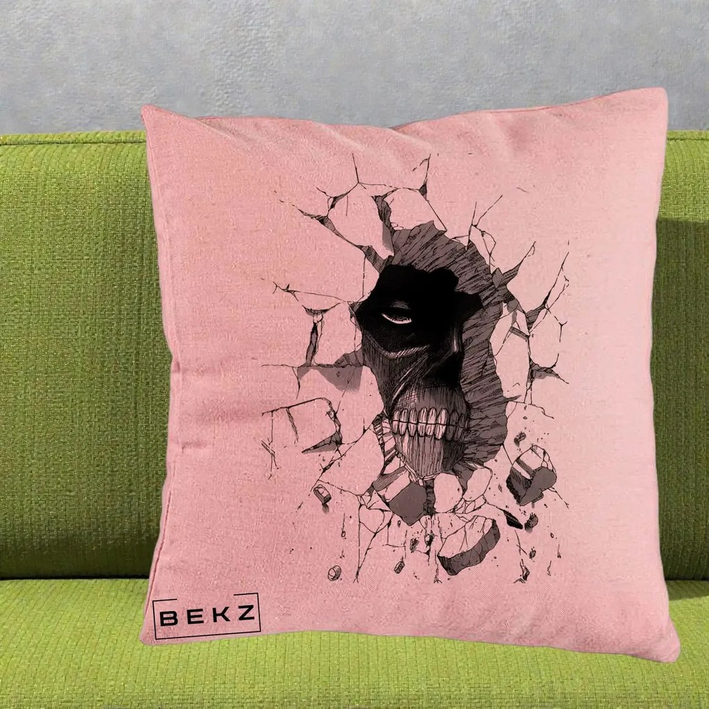 Perna Personalizata Attack on Titan Titan Crapand Zidul, 40x40 cm, Roz, Husa Detasabila, Perna Inclusa, BEKZ®