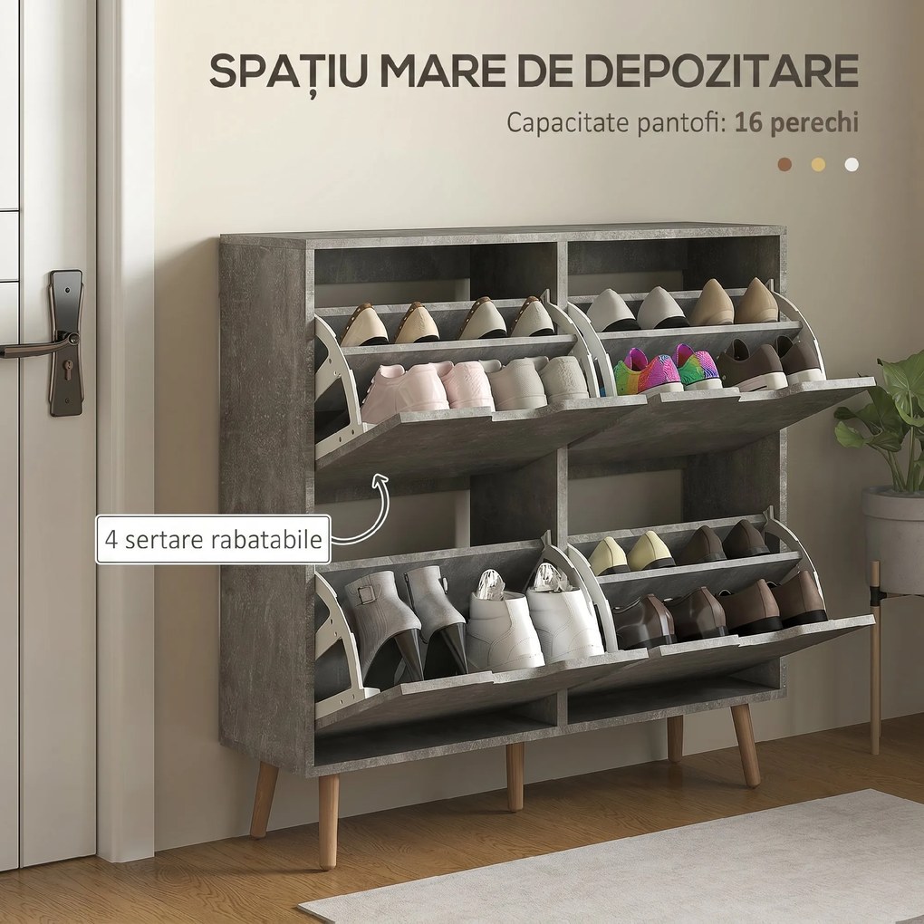HOMCOM Pantofar cu 4 Sertare Rabatabile pe 2 Niveluri pentru 16 Perechi de Pantofi, 95x26x95 cm, Gri | Aosom Romania