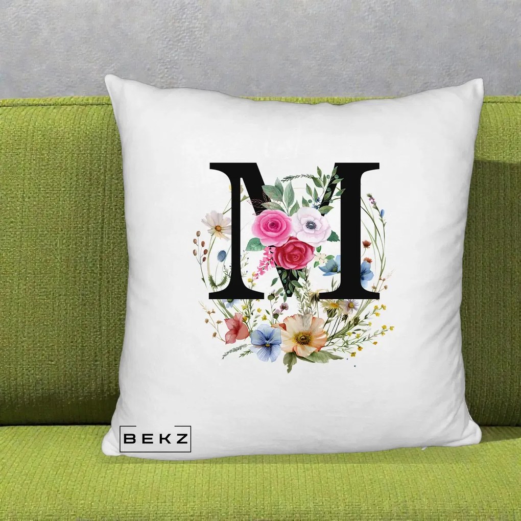 Cadou Personalizat - Perna Personalizata Monogram Litera M cu Flori Acuarela, 40x40 cm, Alb Pufos, Husa Detasabila, Perna Inclusa, BEKZ®