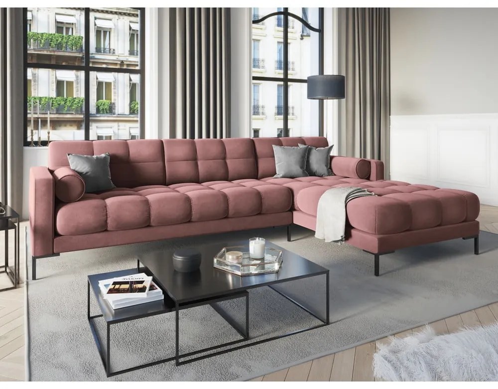 Colțar din catifea cu extensie pe partea dreaptă Cosmopolitan Design Bali, roz