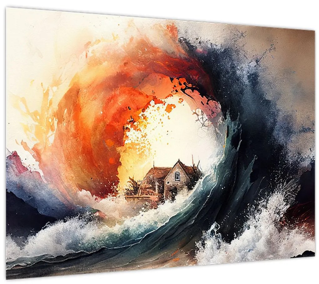 Tablou pe sticlă - În vârtejul potopului, acuarelă (70x50 cm)