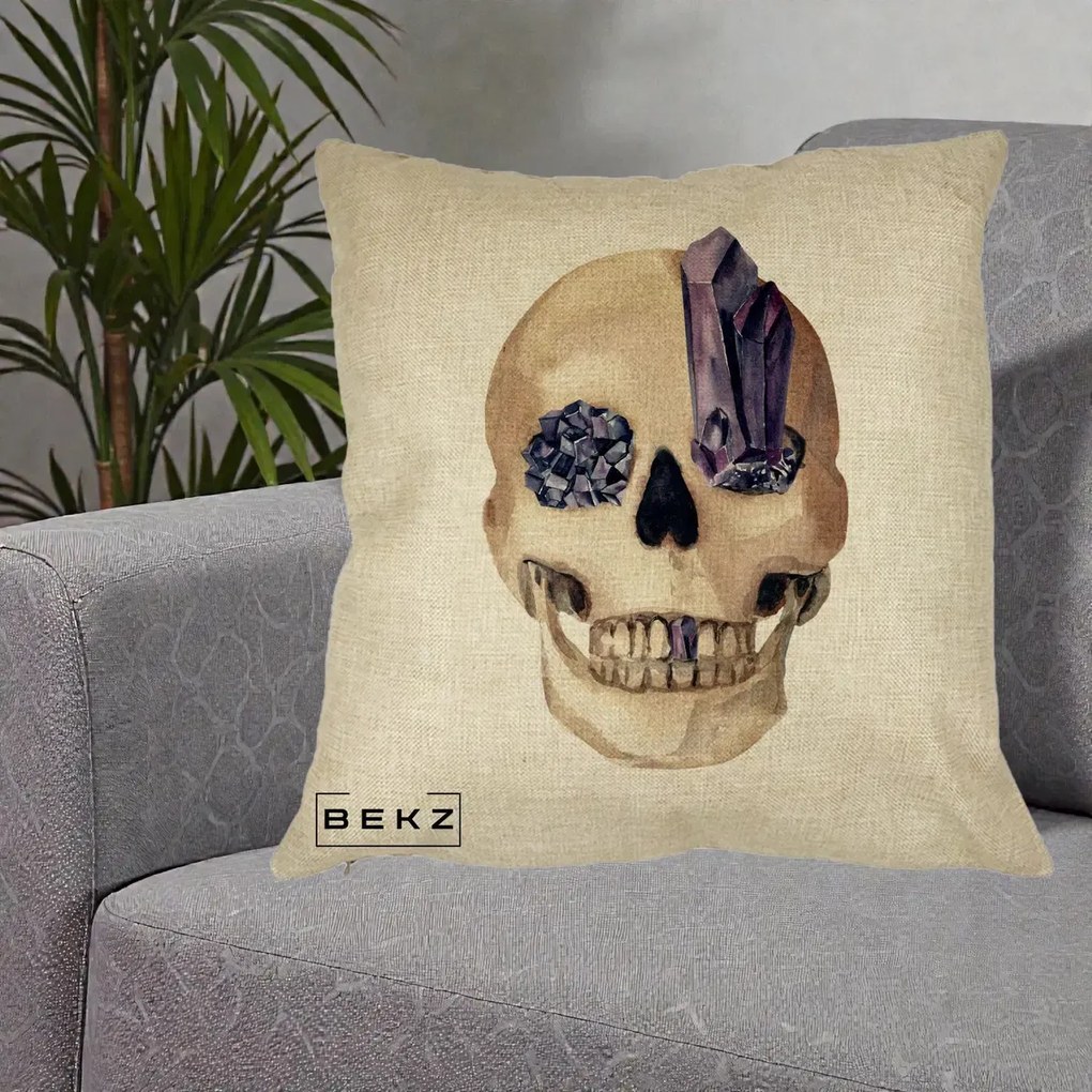 Perna Decorativa Craniu cu Cristale de Ametist, 40x40 cm, Crem, Husa Detasabila, Perna Inclusa, BEKZ®