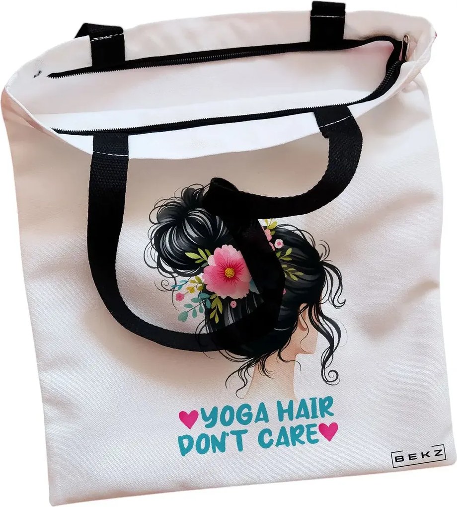 Sacosa de Panza pentru Cumparaturi, Geanta Tote, Yoga Hair don't care, Cu fermoar, 38x34.5 cm, Alba, BEKZ®