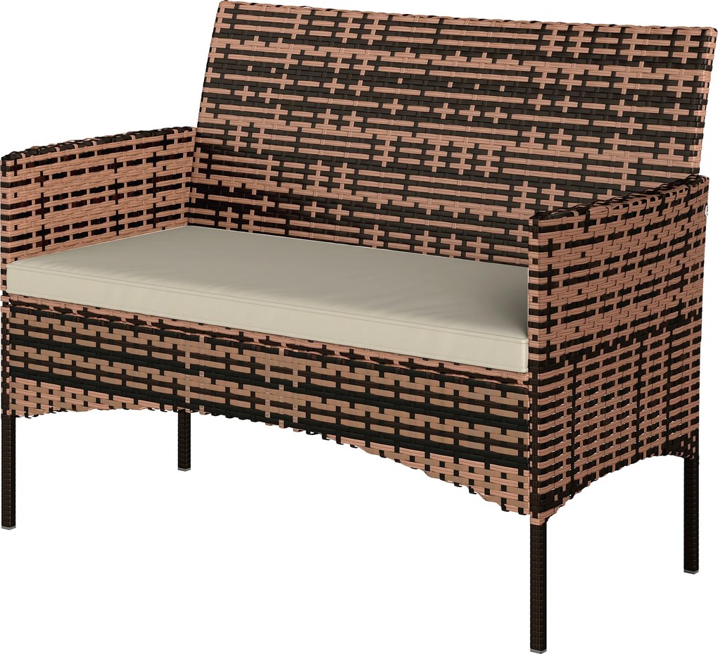 Outsunny Canapea de grădină din ratan 2 locuri PE-Rattan pentru exterior/terasă cu pernă, covorașe antiderapante, cadru din oțel, Khaki | Aosom Romania