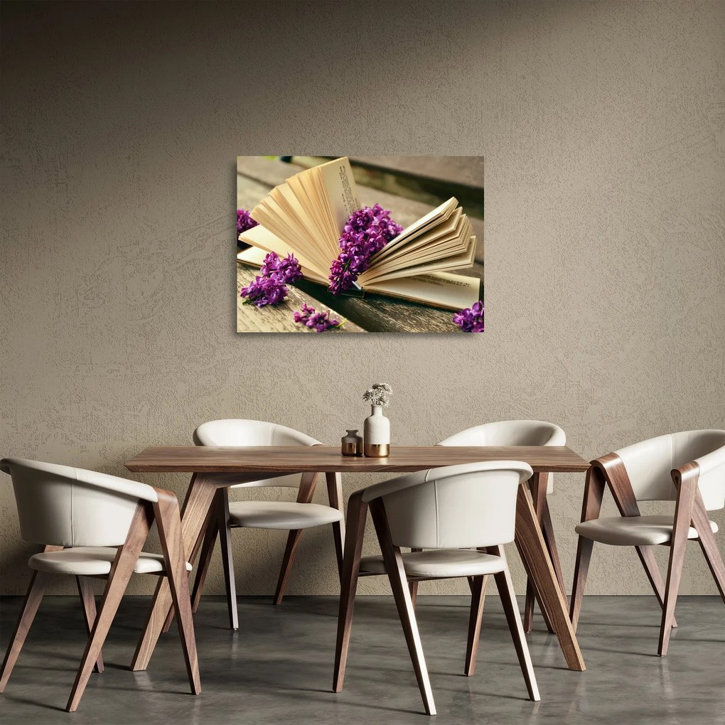 Tablou pe sticlă cu cartea și lavanda (70x50 cm)