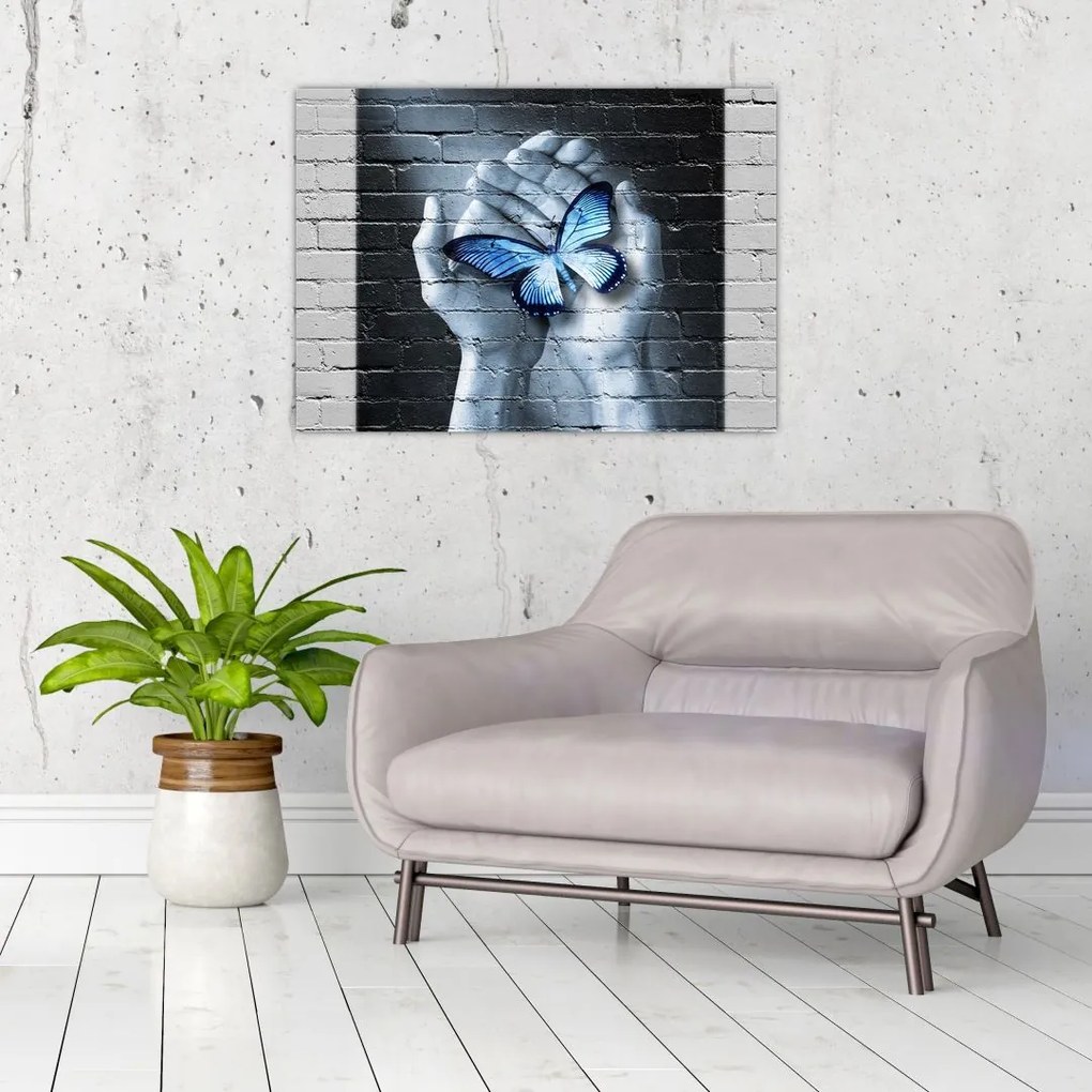 Tablou pe sticlă - Fluture pe perete (70x50 cm)