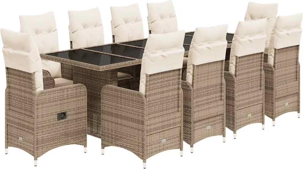 vidaXL Set bistro de grădină, 11 piese, cu perne, bej, poliratan