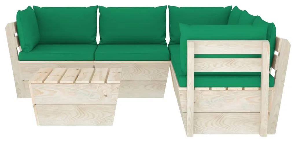 Set mobilier gradina din paleti cu perne, 6 piese, lemn molid Verde, 3x colt + 2x mijloc + masa, 1