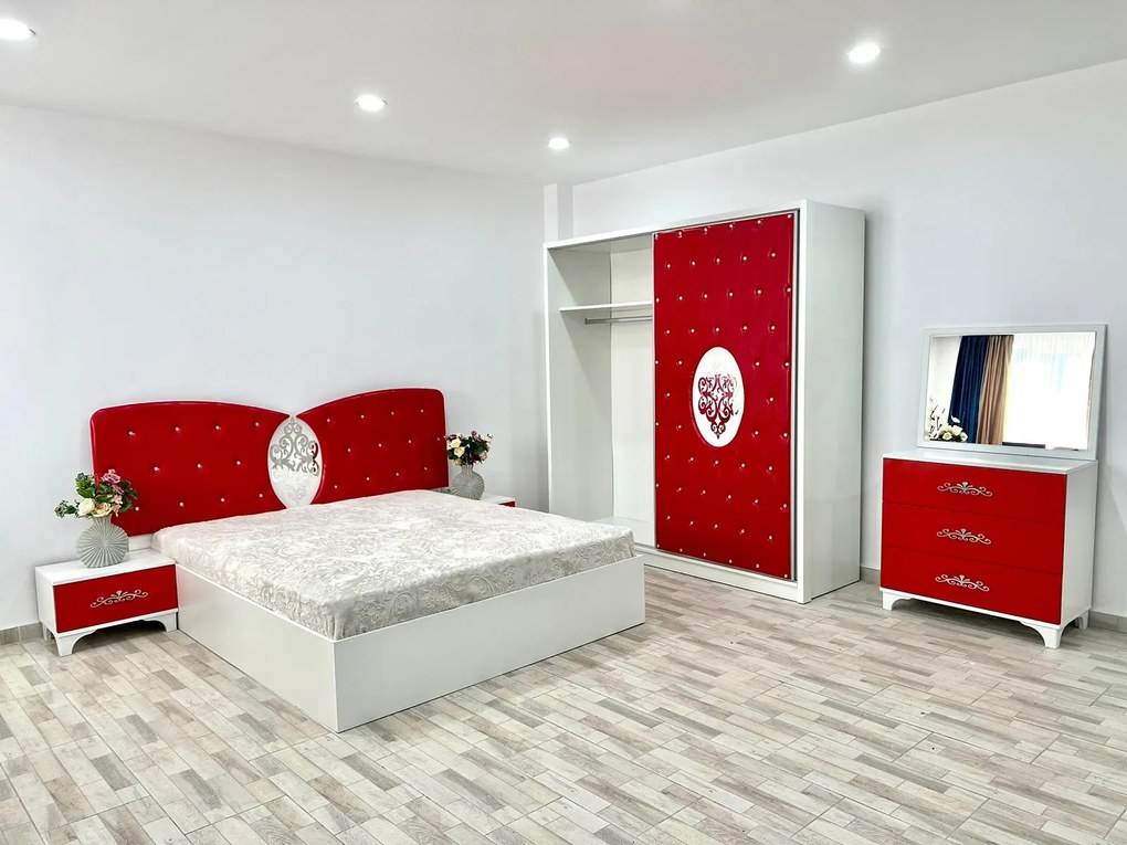 Dormitor Viena, culoare alb / rosu, cu pat tapitat 160 x 200 cm, dulap cu 2 usi, comoda cu oglinda, 2 noptiere si saltea