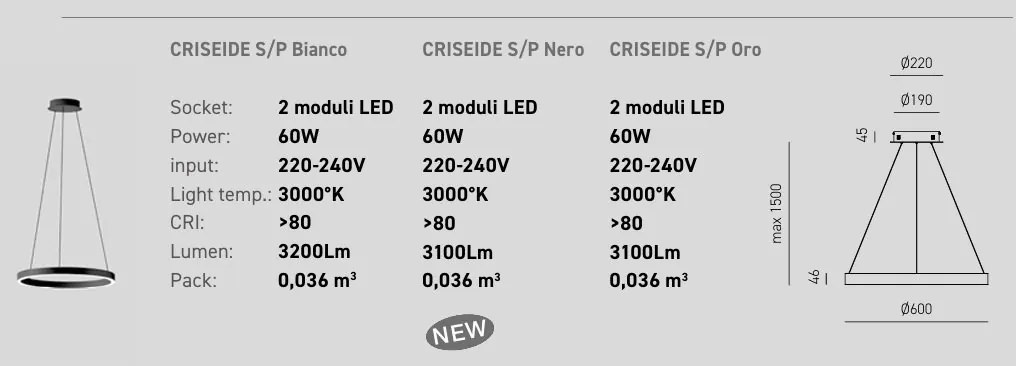 Lustra LED circulara diametru 60cm CRISEIDE, alb, negru sau auriu