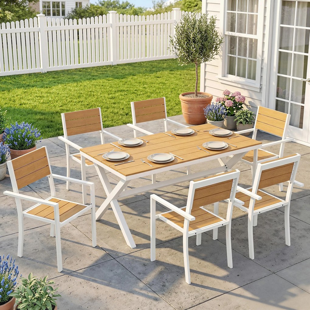 Outsunny Set Masă și Scaune de Grădină 7 Piese, Set Prânz Exterior din Aluminiu cu 6 Scaune Stivuibile, Masă cu Șipci Imitatie Lemn, pentru Terasă, Balcon, Patio, Teak | Aosom Romania