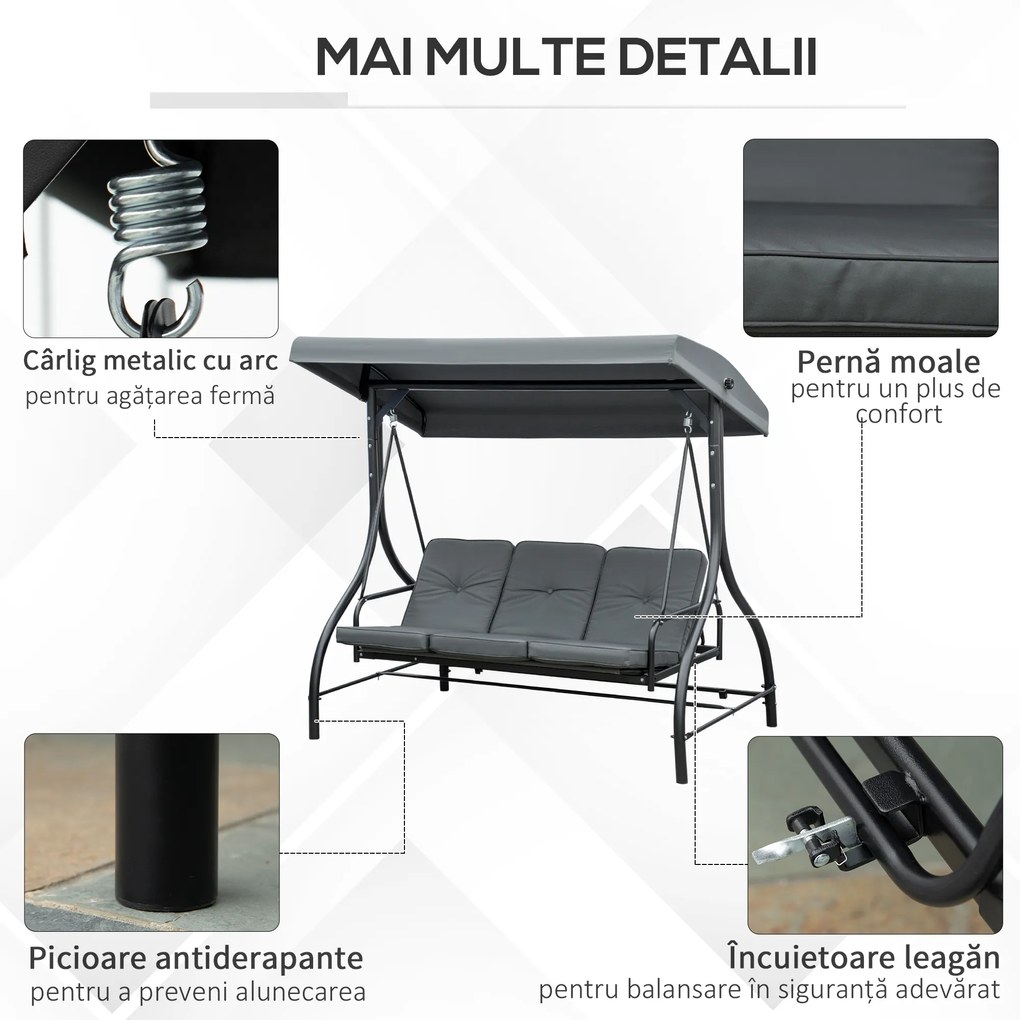 Outsunny Balansoar de Gradina 3 Locuri Convertibil in Pat cu Copertina Reglabila, Balansoar de Terasa din Metal si Tesut, Gri Inchis | Aosom Romania