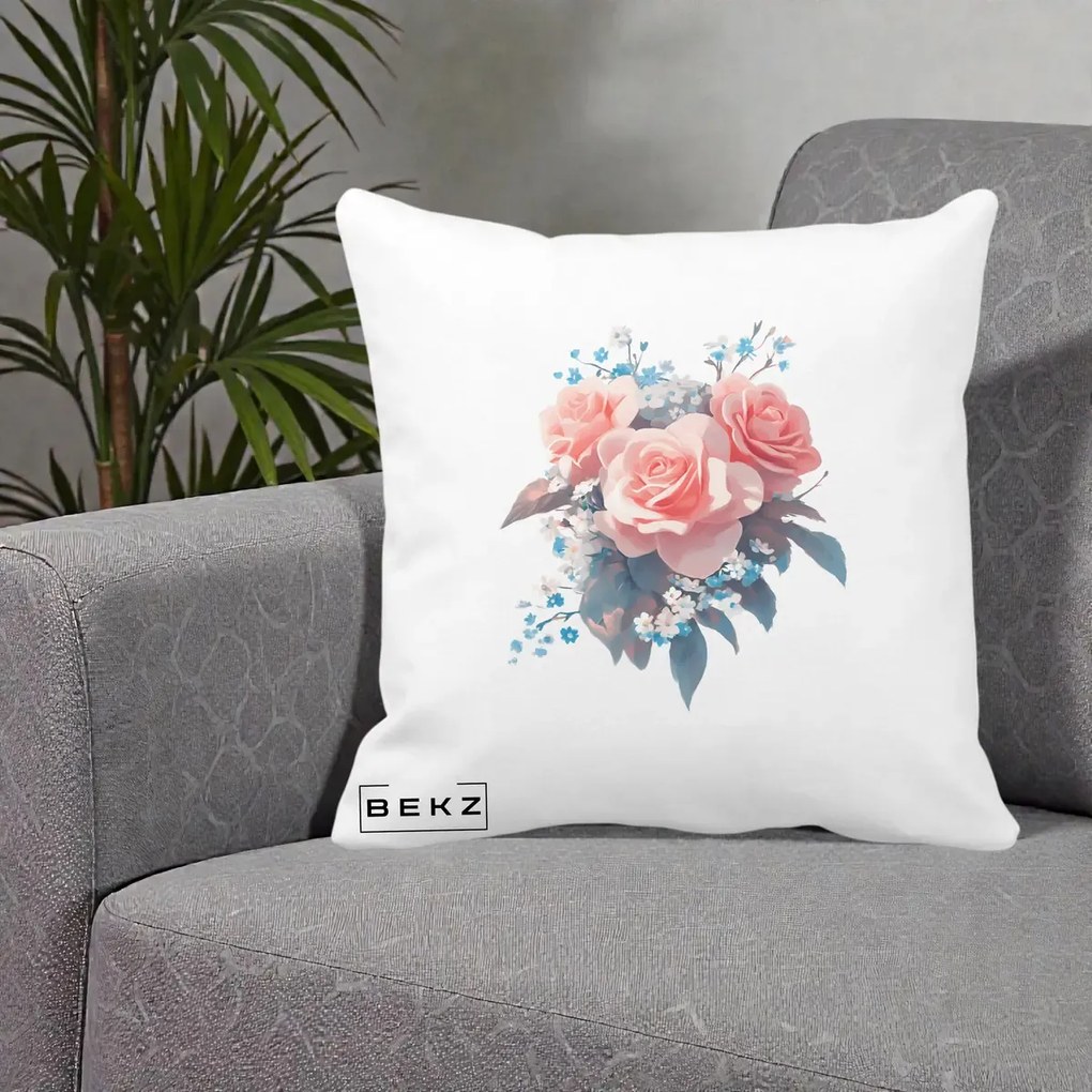 Perna Decorativa Trandafiri Roz cu Floricele Albastre, 40x40 cm, Alba Mata, Husa Detasabila, Perna Inclusa, BEKZ®