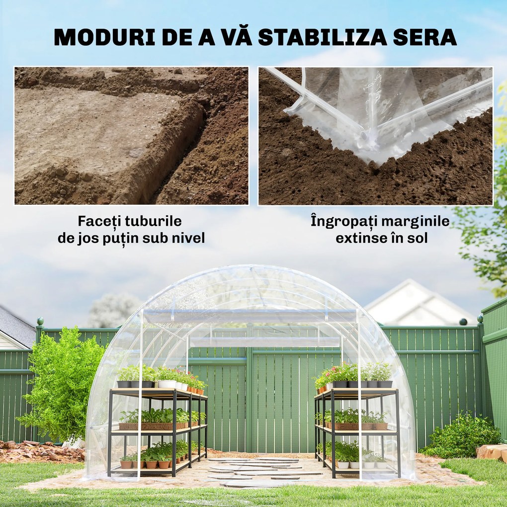 Outsunny Seră de Grădină Tip Tunel 3x4x2 m cu 2 Uși Rulabile, Seră pentru Grădină cu 4 Suporturi Diagonale, Cadru din Oțel și Acoperiș din PE, pentru Legume, Flori, Fructe, Anti-UV, Transparentă | Aosom Romania