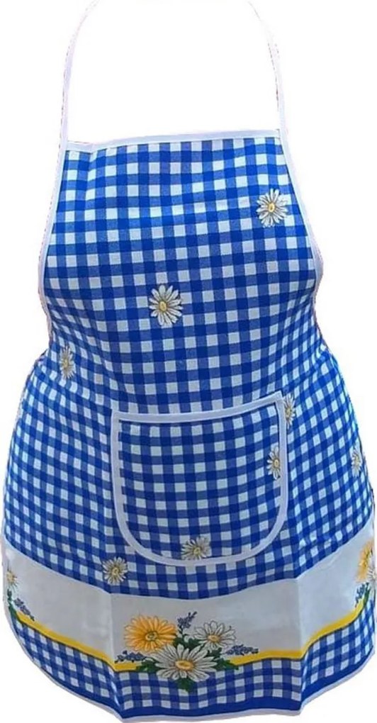 Sort de bucatarie din bumbac 100% Casa Gino®, cu buzunar, marime universala, cordon de prindere lung, Carouri albastre si margarete