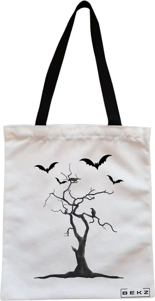 Sacosa de Panza pentru Cumparaturi, Geanta Tote, model The Haunted Tree, Cu fermoar, 38x34.5 cm, Alba, BEKZ®