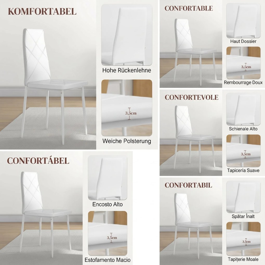 HOMCOM Set 6 Scaune de Sufragerie Tapițate cu Spătar Înalt, Tălpi Antiderapante și Picioare din Oțel, 41x50x97 cm, Alb | Aosom Romania