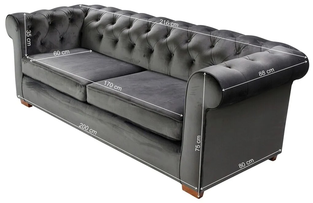 Canapea extensibila Oxford Chesterfield, 88x216x75 cm, 3 locuri, Antracit