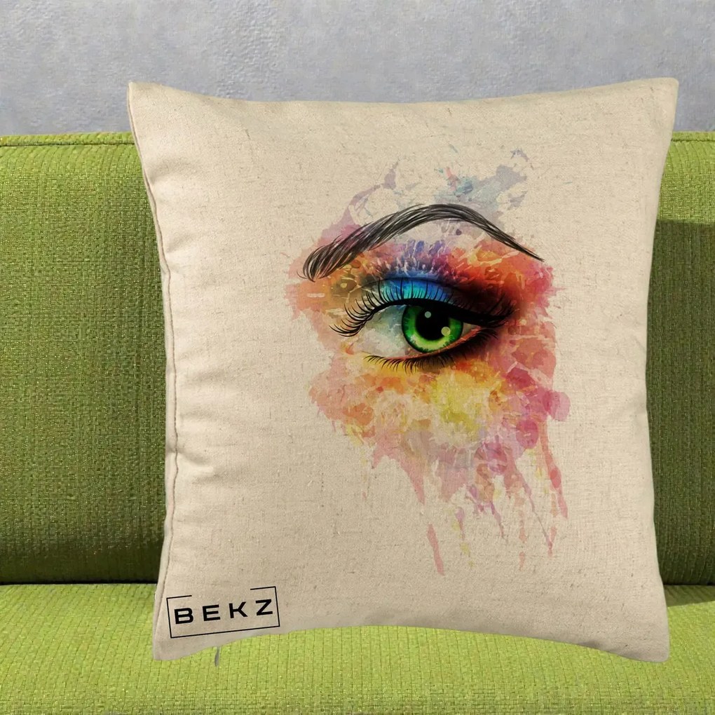 Perna Decorativa Ochi Verde Acuarela, 40x40 cm, Bej, Husa Detasabila, Perna Inclusa, BEKZ®