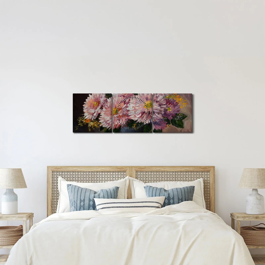 Tablou - Pictură în ulei, flori în vază (cu ceas) (90x30 cm)