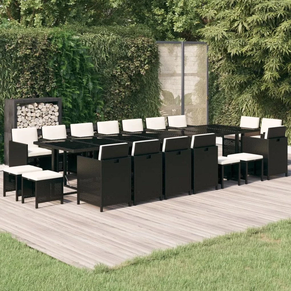 Set mobilier de gradina cu perne, 19 piese, negru, poliratan Negru si alb crem, 4x suport pentru picioare + 14x fotoliu + masa, 1