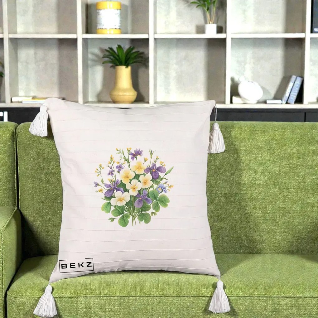 Perna Decorativa Viorele Iris Violet si Trifoi, 40x40 cm, Bej cu Franjuri, Husa Detasabila, Perna Inclusa, BEKZ®