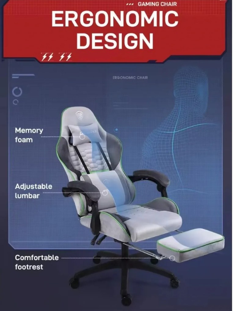 DOWINX Scaun gaming, ergonomic, suport lombar cu masaj, spătar reglabil, tetieră, suport pentru picioare, rezistent 150 kg, material textil, Gri