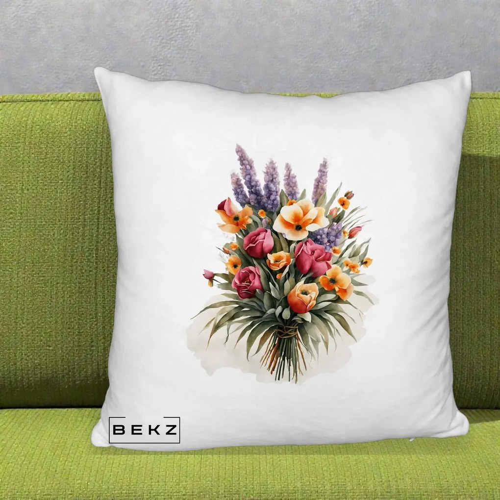 Perna Decorativa Buchet Mixt Acuarela Lavanda-Trandafiri, 40x40 cm, Alb Pufos, Husa Detasabila, Perna Inclusa, BEKZ®