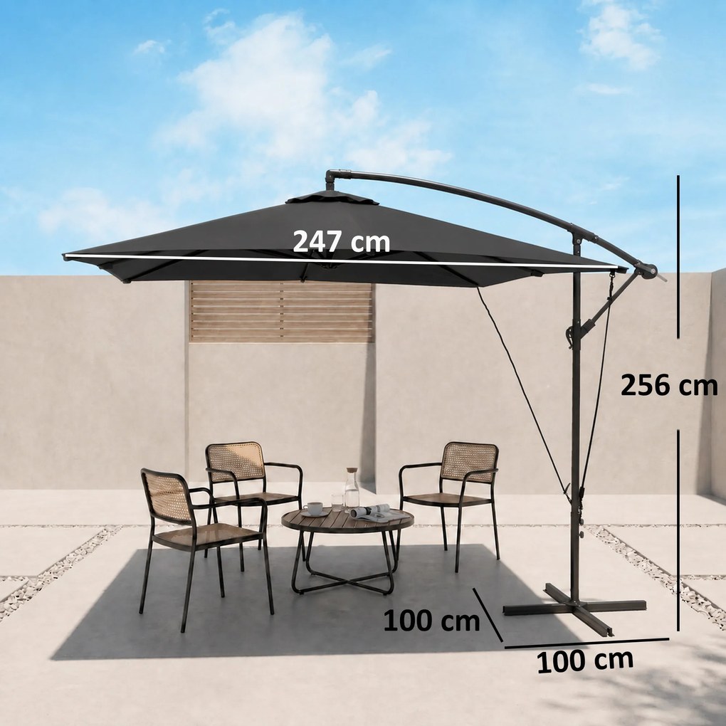 Outsunny Umbrelă de Grădină Suspendată 2.47x2.47 m, Umbrelă de Exterior cu Bază în Cruce, Corzi Antivânt, Gri Închis | Aosom Romania