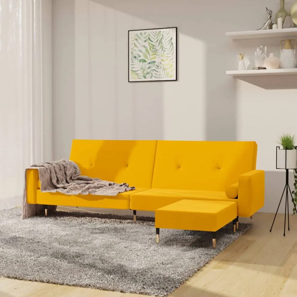 3080531 vidaXL Canapea extensibilă 2 locuri, cu taburet, galben, catifea