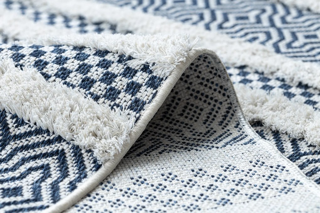 Covor ECO SISAL BOHO MOROC Linii 22328 franjuri - două niveluri de lână cremă / albastru inchis, covor reciclat
