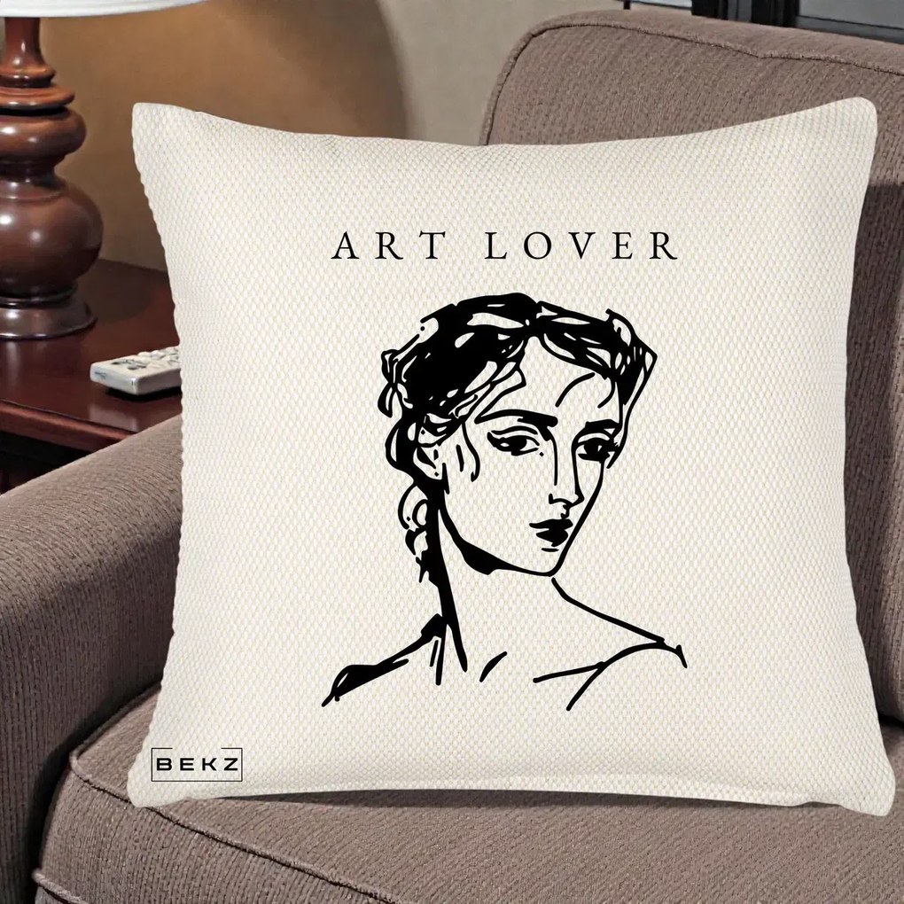 Perna Decorativa Art Lover Portret Grafic, 40x40 cm, Crem Reliefat, Husa Detasabila, Perna Inclusa, BEKZ®