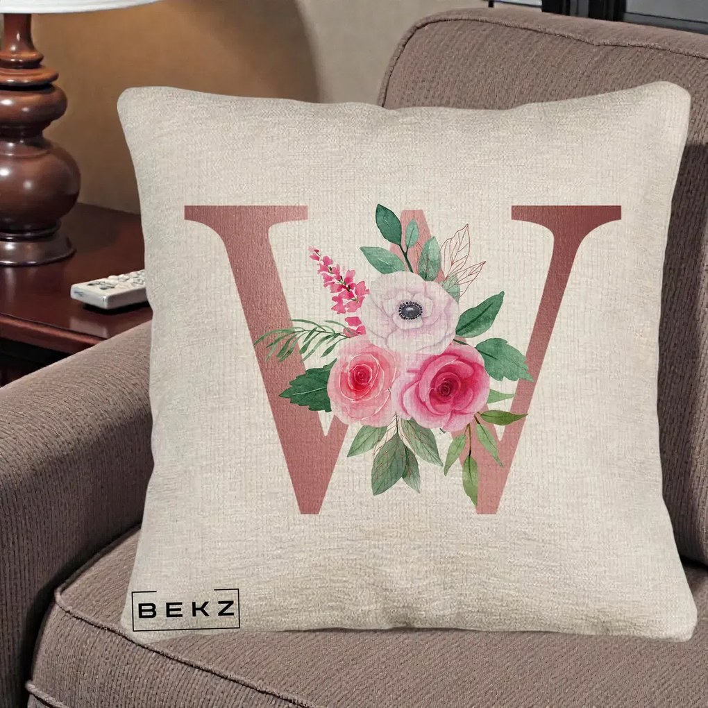 Cadou Personalizat - Perna Personalizata Monograma Rose Gold Litera W cu Trandafiri si Anemona, 40x40 cm, Bej Canapea, Husa Detasabila, Perna Inclusa, BEKZ®