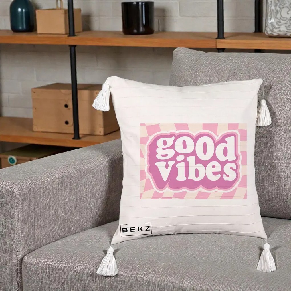 Perna Decorativa Good Vibes Retro Roz, 40x40 cm, Bej cu Franjuri, Husa Detasabila, Perna Inclusa, BEKZ®