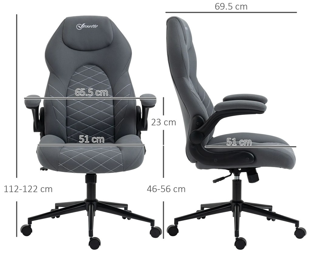 Vinsetto Scaun de Birou Ergonomic cu Înălțime Reglabilă, Cotiere Rabatabile și Funcție de Înclinare, Scaun cu 5 Roți, Dimensiuni 65,5x69,5x112-122 cm, Gri | Aosom Romania