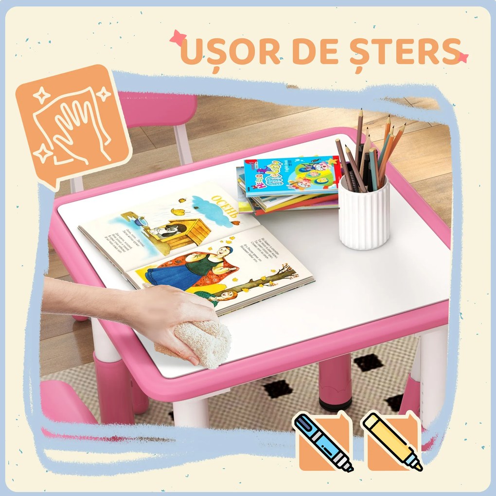 AIYAPLAY Set Masă și Scaune pentru Copii 18-60 Luni cu Înălțime Reglabilă și Tablă de Scris, 60x60x46-58 cm, Roz | Aosom Romania