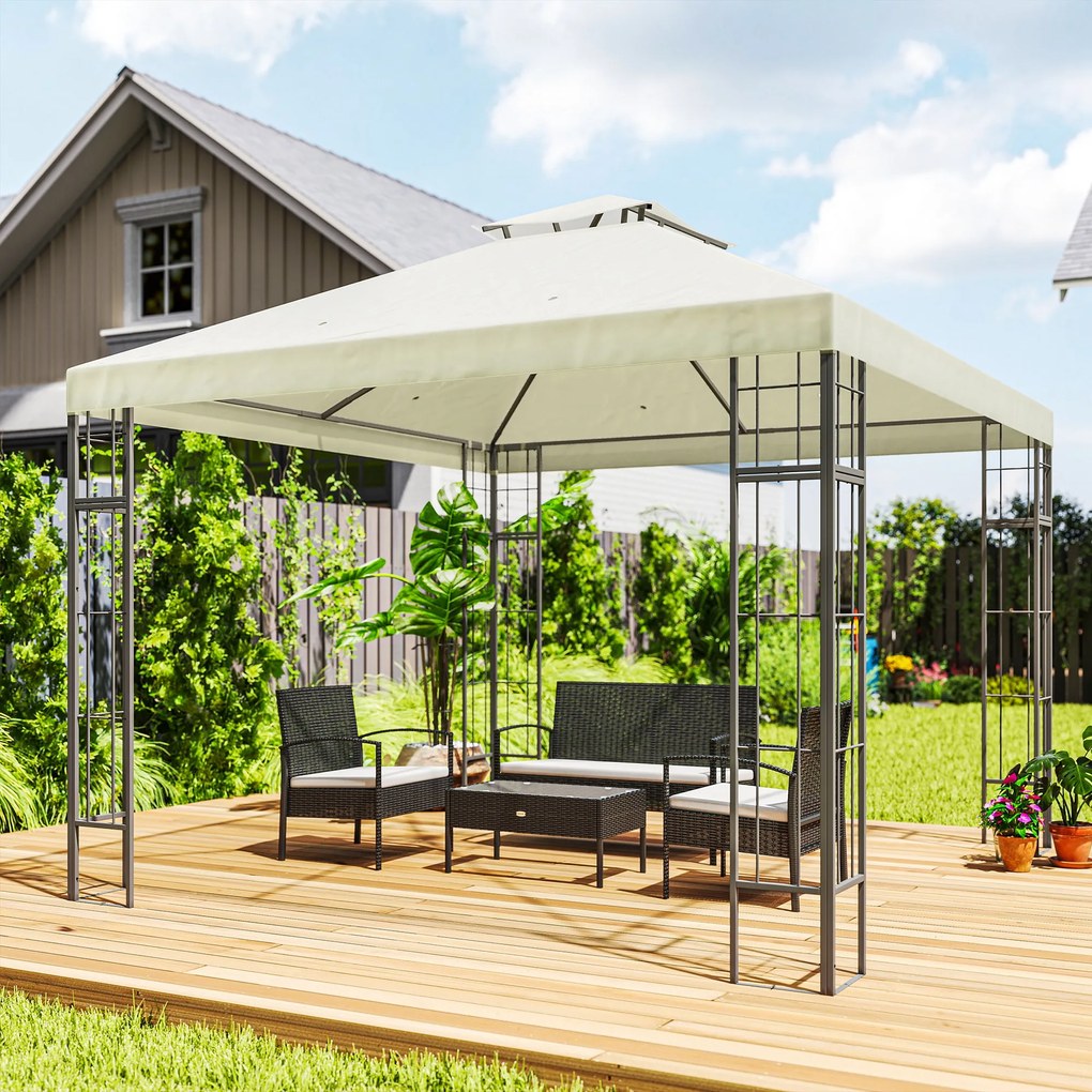 Outsunny Pavilion de grădină 3 x 3 m, design cu două niveluri, Protecție UV30+, Rezistent la UV, Protecție solară, Cadru din metal, Crem | Aosom Romania