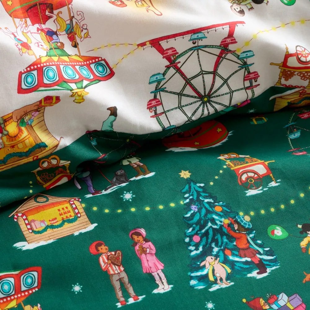Lenjerie de pat pentru copii verde din bumbac pentru pat dublu 200x200 cm Christmas Fairground – Belle &amp; Boo