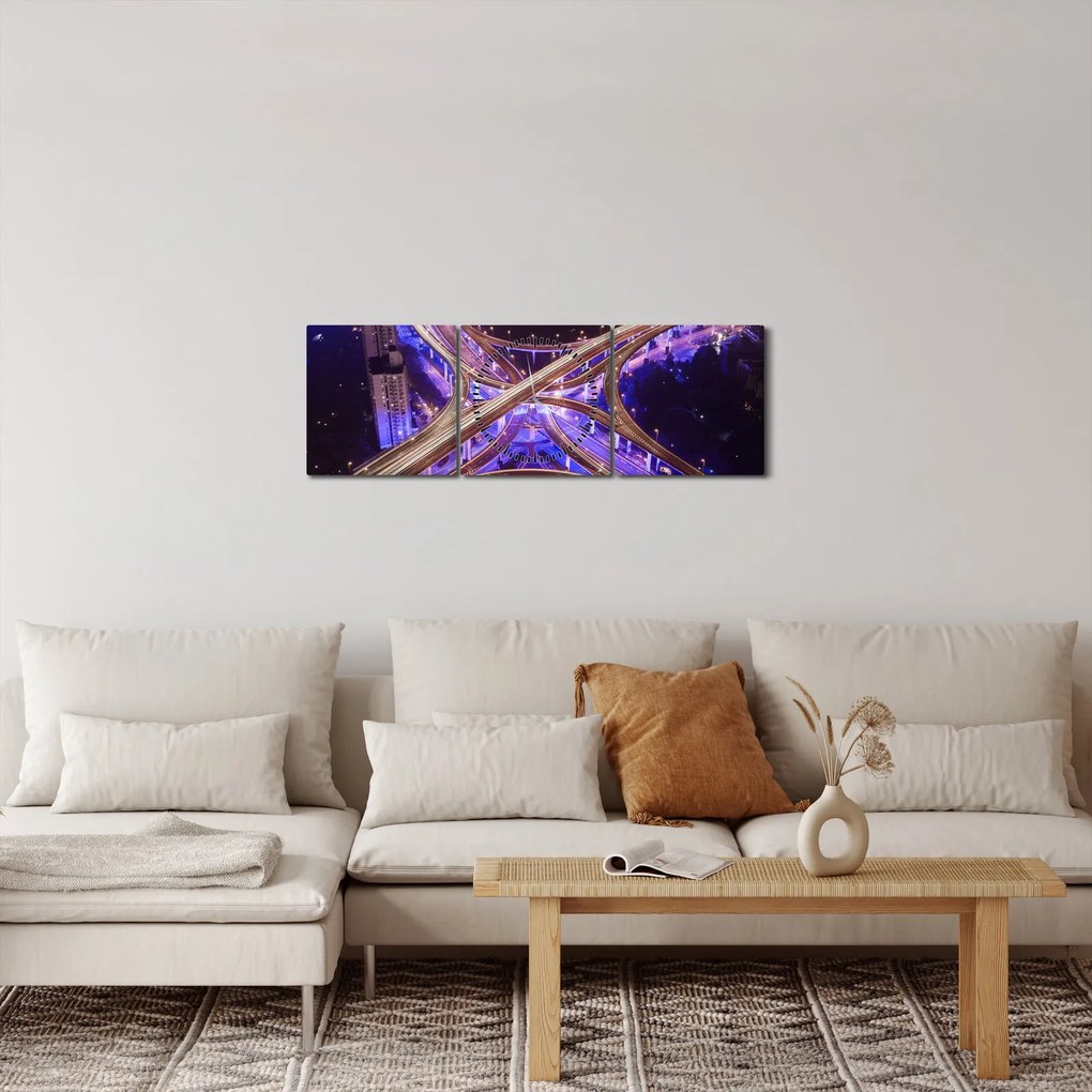 Tablou cu o interesecție mare noapte (cu ceas) (90x30 cm)
