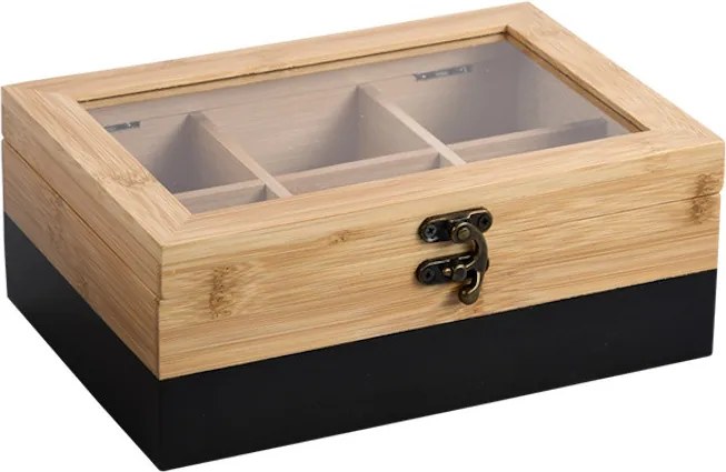 Cutie pentru depozitarea pliculetelor de ceai Kesper 58940, 6 compartimente, 21,6 x 15 x 8,5 cm, Bambus, Maro/Negru