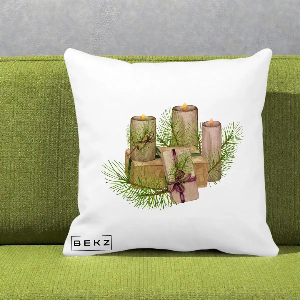 Perna Decorativa Lumanari cu Cadouri Naturale, 40x40 cm, Alba Mata, Husa Detasabila, Perna Inclusa, BEKZ®