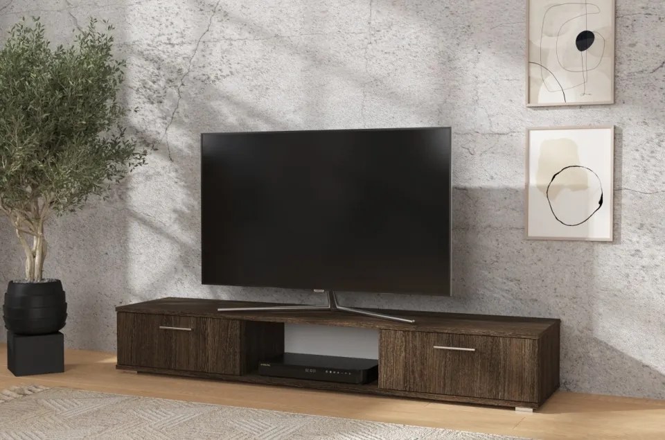 Comodă TV, 176x40x28 cm, Aridea, ADRK Furniture (Culoare: Alb Lucios / Alb Mat)