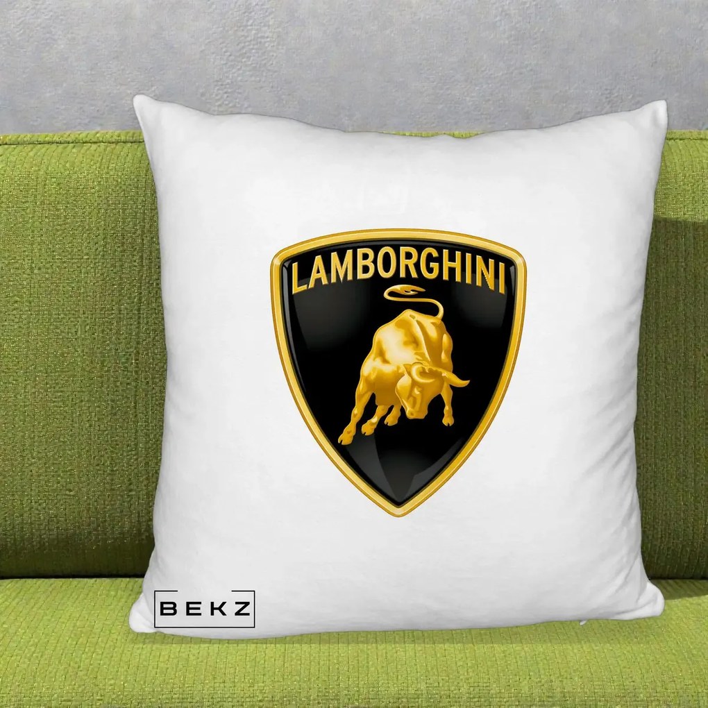 Perna Personalizata cu emblema Lamborghini, 40x40 cm, Alb Pufos, Husa Detasabila, Perna Inclusa, BEKZ®