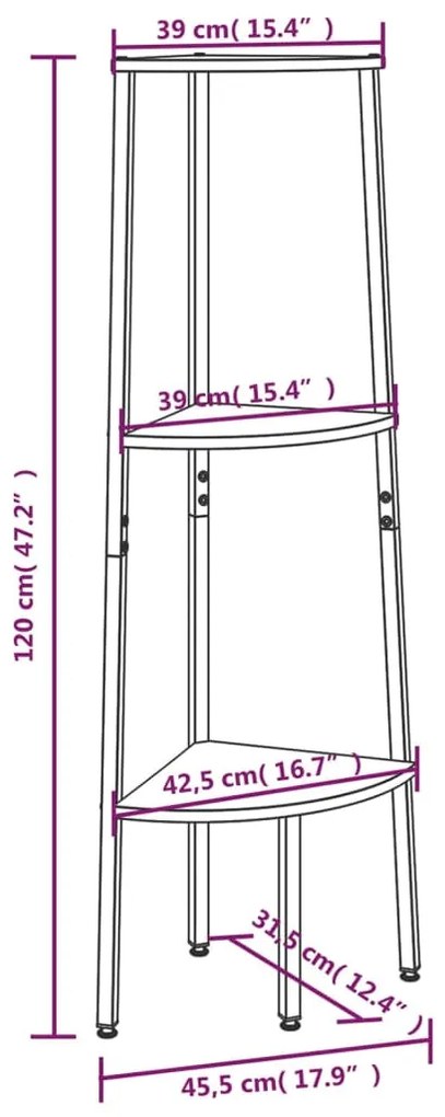 Raft de colt cu 3 niveluri, negru, 45,5x31,5x120 cm 1, Negru, 45.5 x 31.5 x 120 cm