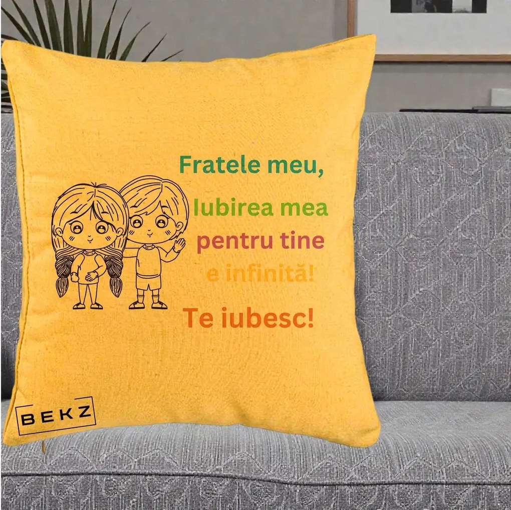Cadou pentru Frate - Perna Personalizata Fratele Meu Te Iubesc Copii Anime Colorat, 40x40 cm, Galben, Husa Detasabila, Perna Inclusa, BEKZ®