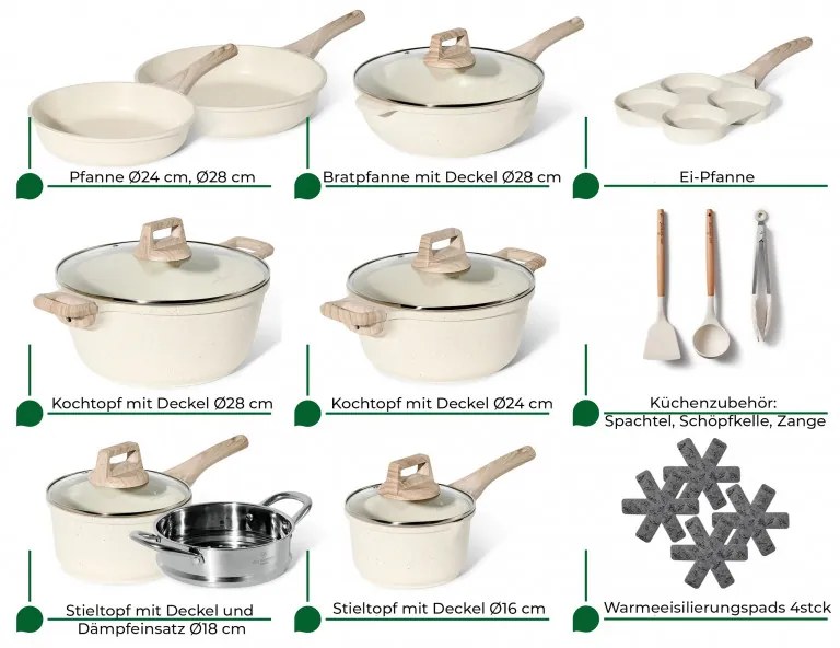 Set oale si tigai Just Perfecto JL-721, 21 piese, Finisaj marmura, Inductie, Oala aburi, Accesorii, Bej