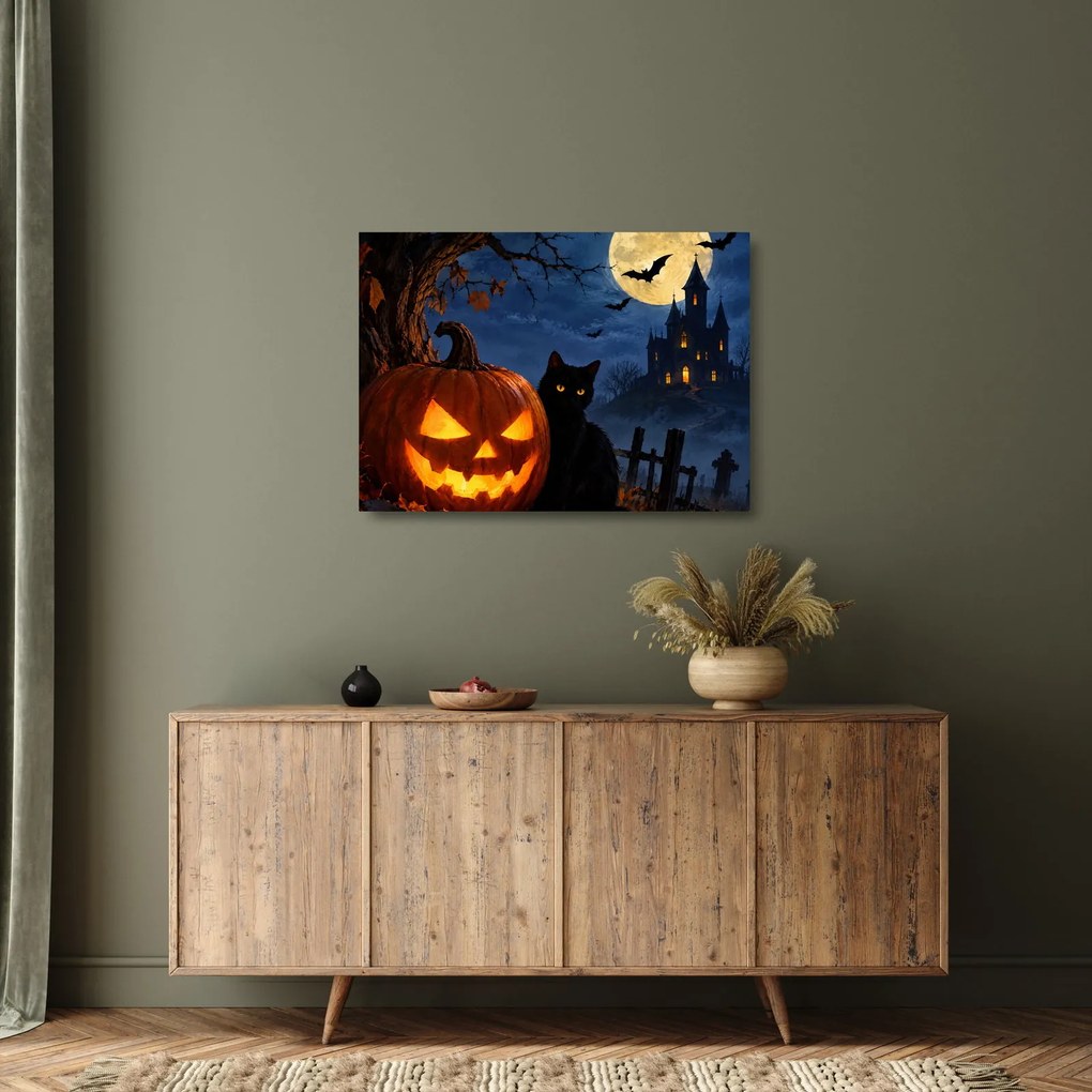 Tablou pe sticlă - Pisică neagră lângă un dovleac luminat de Halloween (70x50 cm)