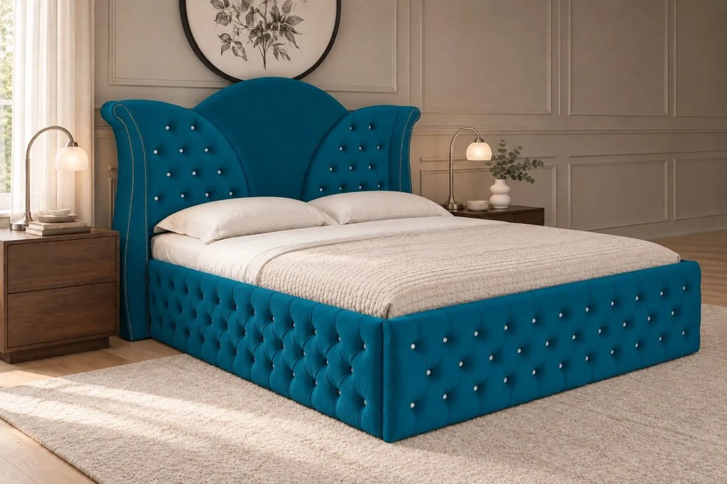 Pat tapițat Chesterfield din catifea Velora Deluxe 160×200 cm, turcoaz, cu ladă de depozitare