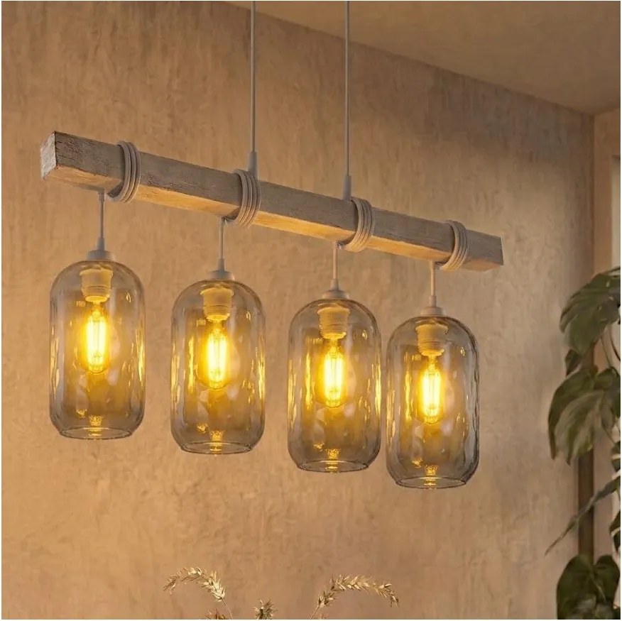 Brilagi - Lustră pe cablu WOOD GLASS 4xE27/60W/230V pin/gri/gri fumuriu